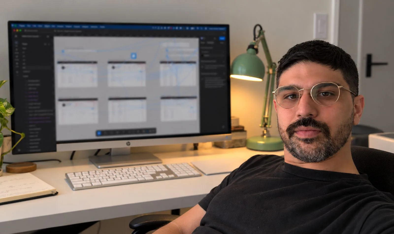 Terry at his desk in front of a monitor showing a design file, with a green desk lamp beside him.