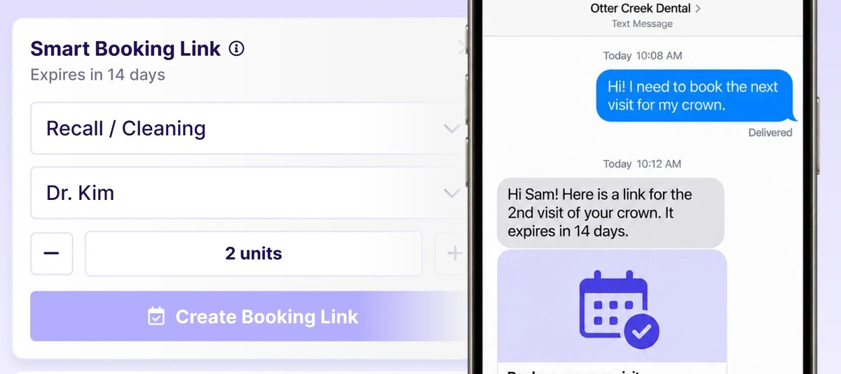 Smart Booking Link card in the CareCru chat and the patient's phone